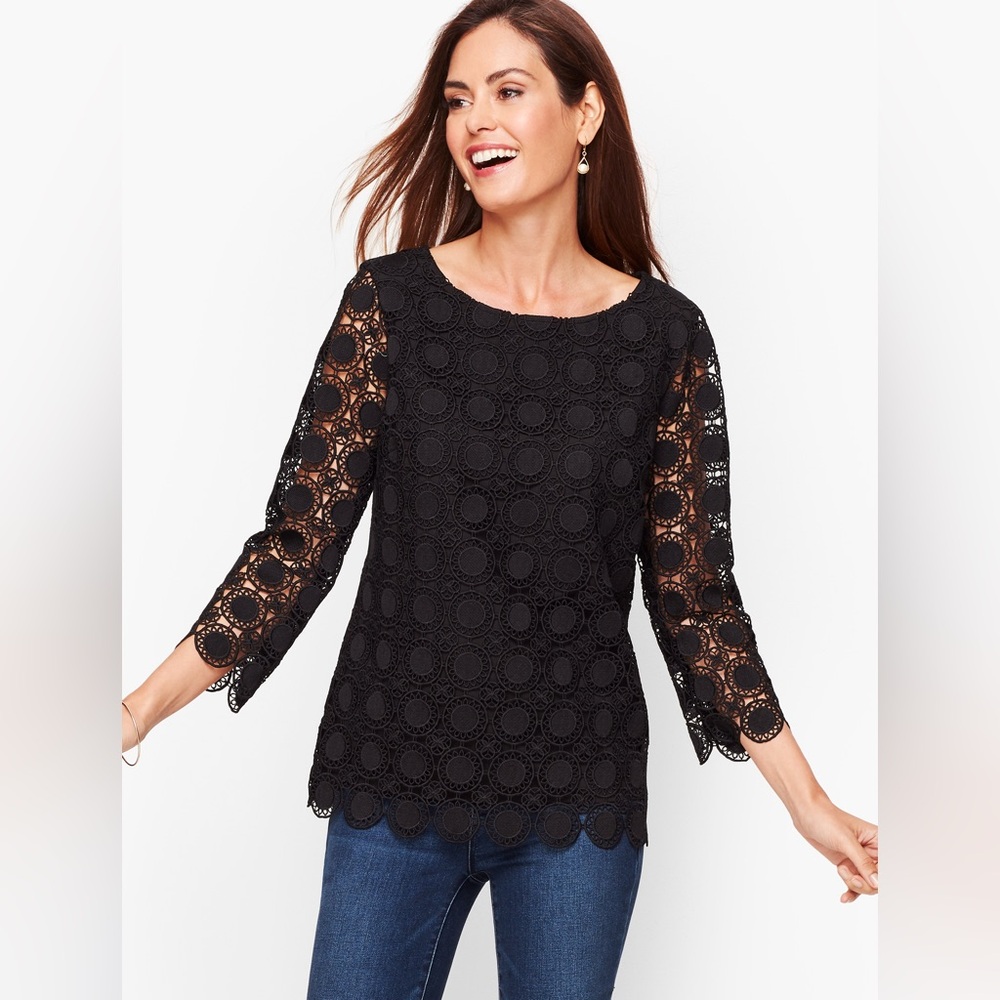 Talbots Black MEDALLION LACE TOP, Size Petite Medium